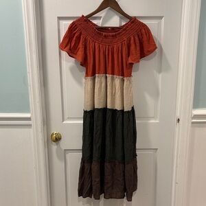 Umgee Colorblock Boho Tiered On/Off Shoulder Peasant Midi Dress Fall Colors Sz M